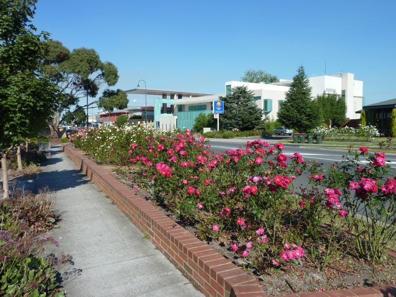 Morwell - Morwell Centenary Rose Garden, Maryvale Crescent and Commercial Road - View east through rose garden along north side of Commercial Rd at Maryvale Cr