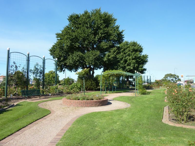 Morwell - Morwell Centenary Rose Garden, Maryvale Crescent and Commercial Road: View east through rose garden along north side of Commercial Rd towards Avondale Rd