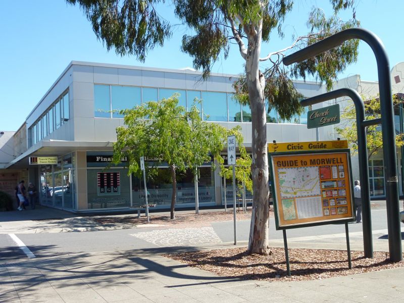 Morwell - Shops and commercial centre, Princes Drive and Church Street: View west along Church St at Princes Dr