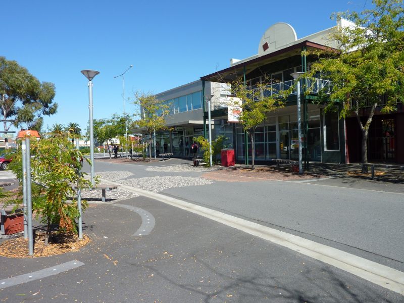 Morwell - Shops and commercial centre, Princes Drive and Church Street: View south along Church St towards Princes Dr