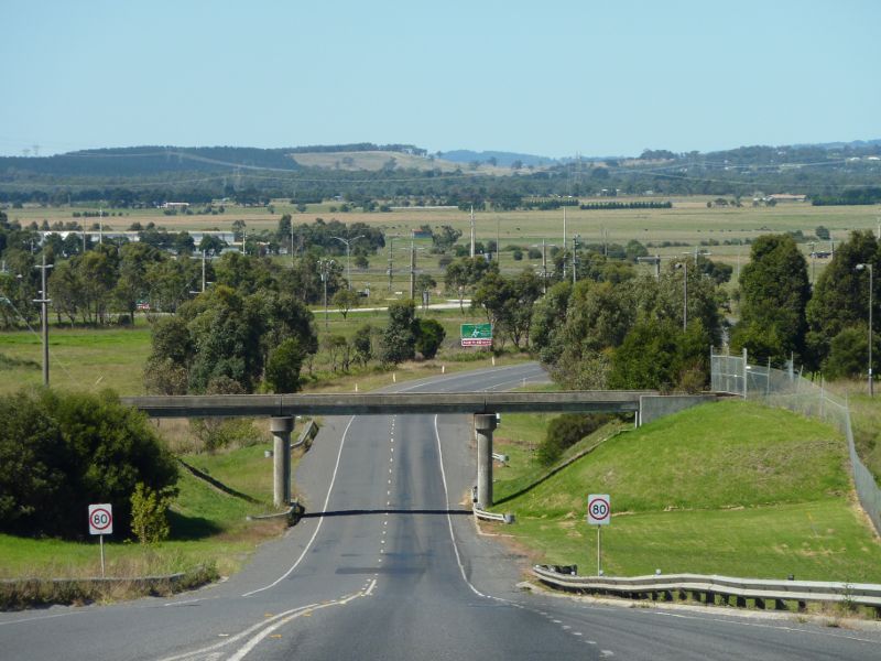 Morwell - Around Morwell: View east along Commercial Rd east of Ridge Rd towards railway overpass