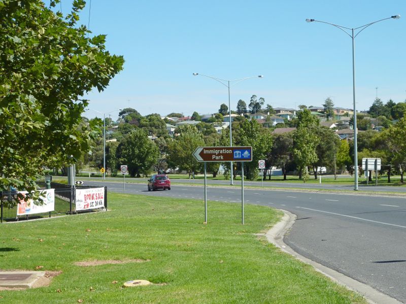 Morwell - Immigration Park, Princes Drive - View west along Princes Dr opposite Churchill Rd, approaching Immigration Park entrance