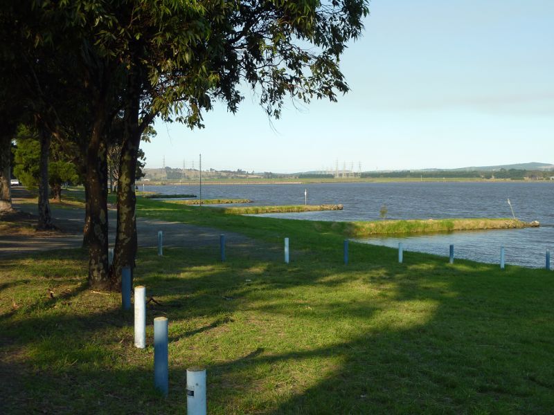 Morwell - Hazelwood Pondage at power boat launching area, Yinnar Road: North-easterly view along lake shoreline and breakwaters