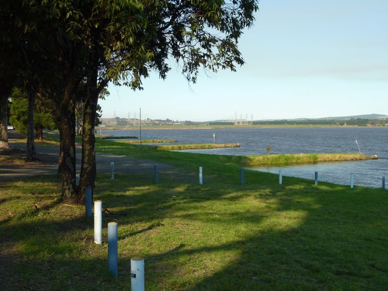 Morwell - Hazelwood Pondage at power boat launching area, Yinnar Road - North-easterly view along lake shoreline and breakwaters