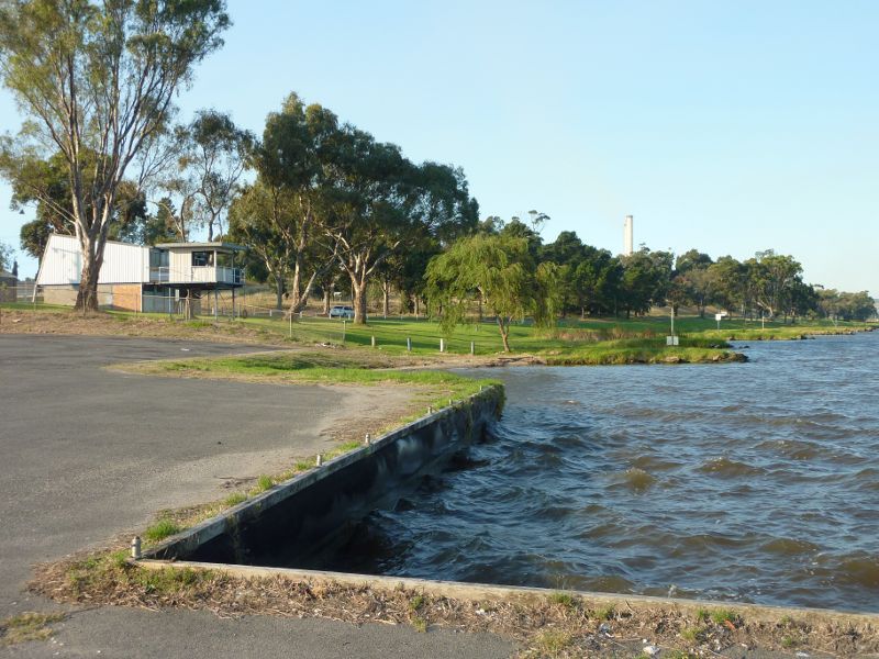 Morwell - Hazelwood Pondage at power boat launching area, Yinnar Road: View north-east along lake shoreline from boat ramp