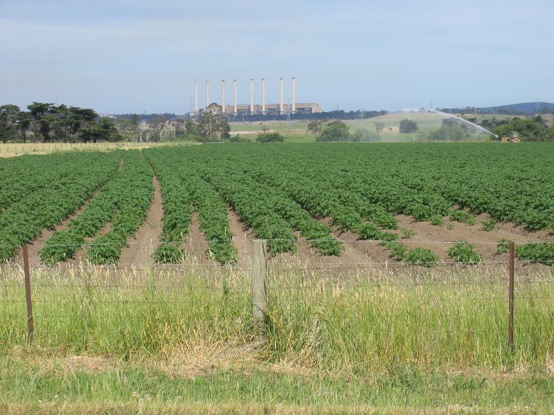 Morwell - Strzelecki Highway south-west of Morwell: View of potato fields and Hazelwood power station, 6 km from Morwell
