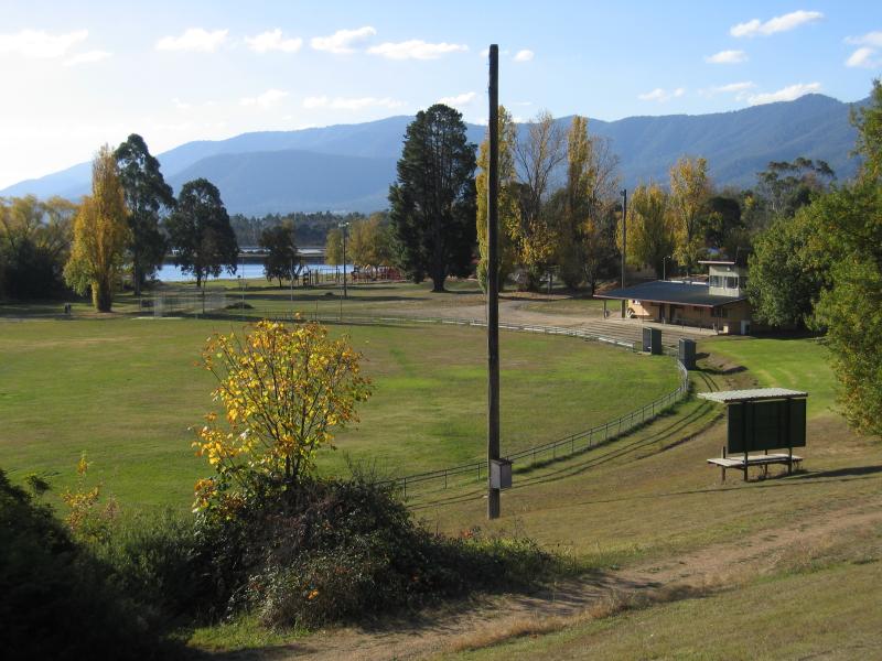 Mount Beauty - Around Mt Beauty: View north across sports oval from Lakeside Av at Hill St