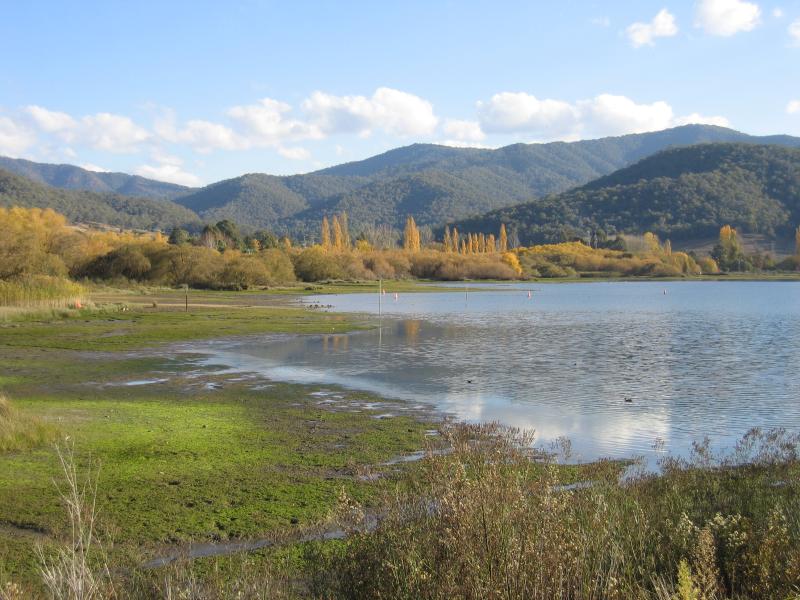 Mount Beauty - Regulating Pondage, Embankment Drive: View south across pondage from Embankment Dr near Lakeside Av