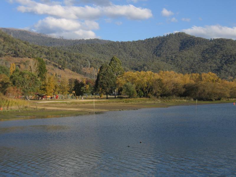 Mount Beauty - Regulating Pondage, Embankment Drive: View south-east across pondage from northern wall