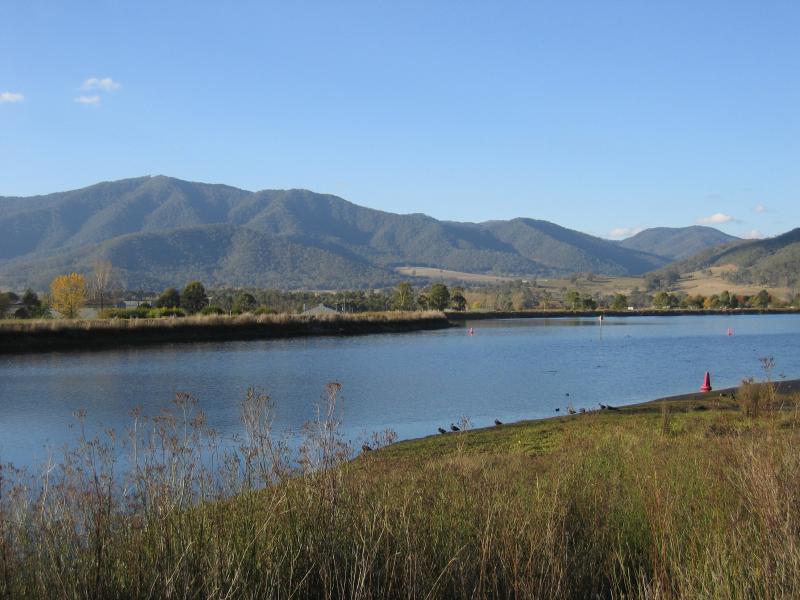 Mount Beauty - Regulating Pondage, Embankment Drive: View north across pondage from western wall of pondage