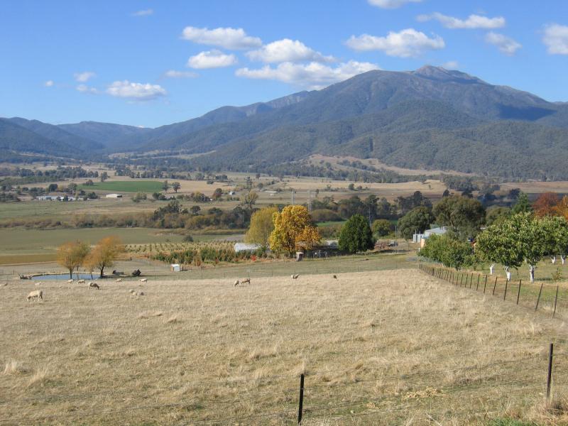 Mount Beauty - Kiewa Valley Highway at Bright-Tawonga Road: View north-east towards Mount Bogong