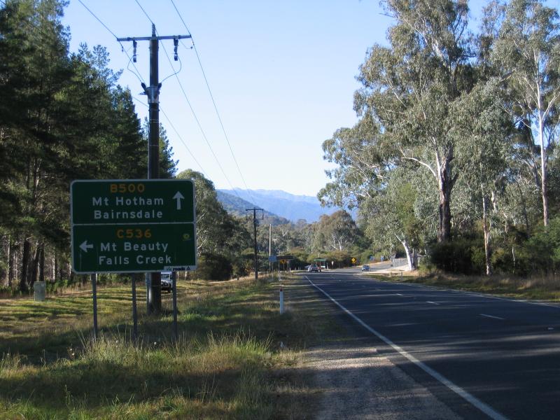 Mount Beauty - Bright-Tawonga Road between Germantown and Tawonga: View south-east along Great Alpine Rd towards Bright-Tawonga Rd