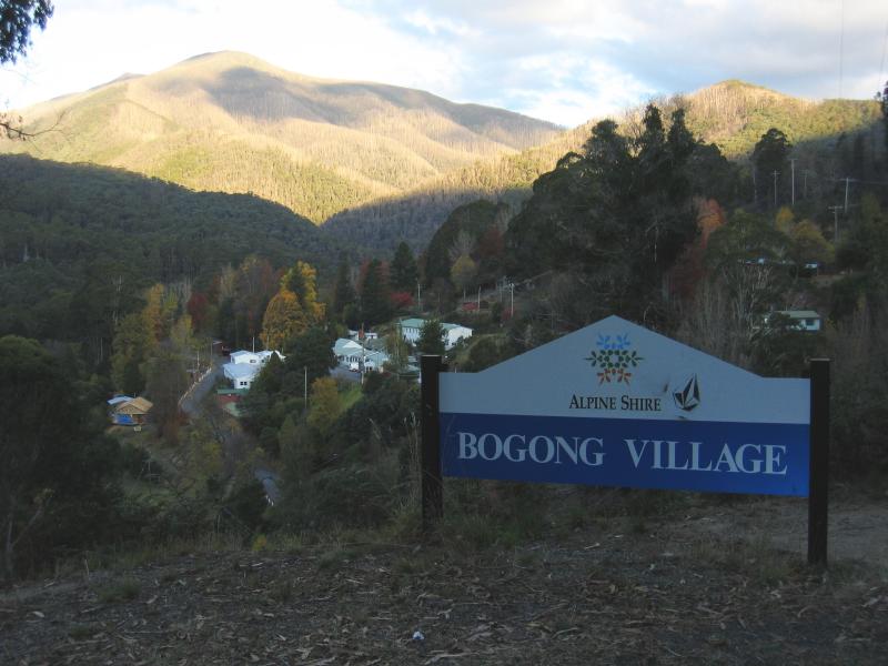 Mount Beauty - Bogong High Plains Road to Falls Creek: Bogong Village sign and view to town below