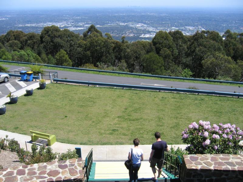 Mount Dandenong - Mount Dandenong Observatory, lookout and cafe/restaurant: View across terraced gardens at car park