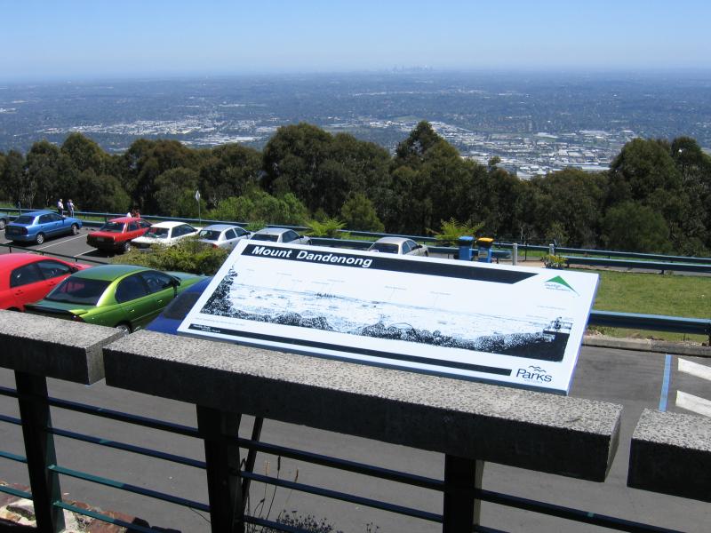 Mount Dandenong - Mount Dandenong Observatory, lookout and cafe/restaurant: Information board on viewing deck, looking west towards Melbourne city centre