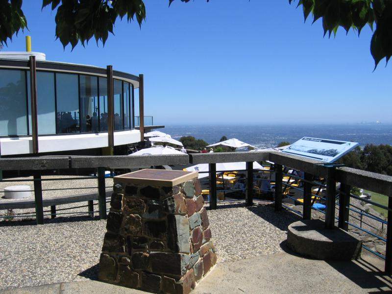 Mount Dandenong - Mount Dandenong Observatory, lookout and cafe/restaurant: View of Sky High Restaurant and tables on deck outside cafe