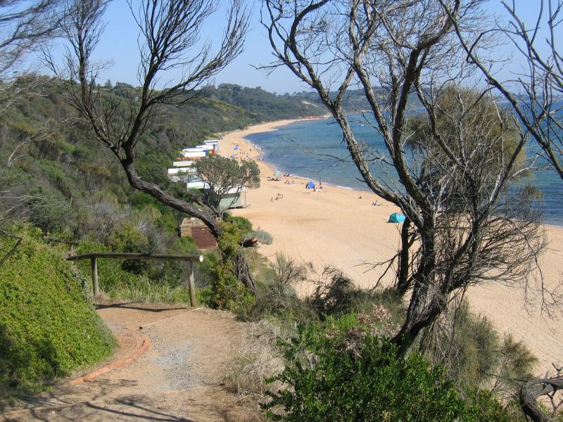 Mount Eliza - Moondah Beach area, end of Kunyung Road: View south along Moondah Beach from path down to beach