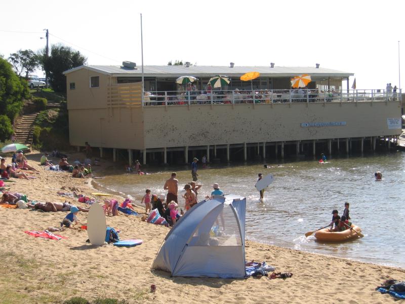 Mount Eliza - Half Moon Bay and Canadian Bay area: View south-west along beach at Canadian Bay towards boat club