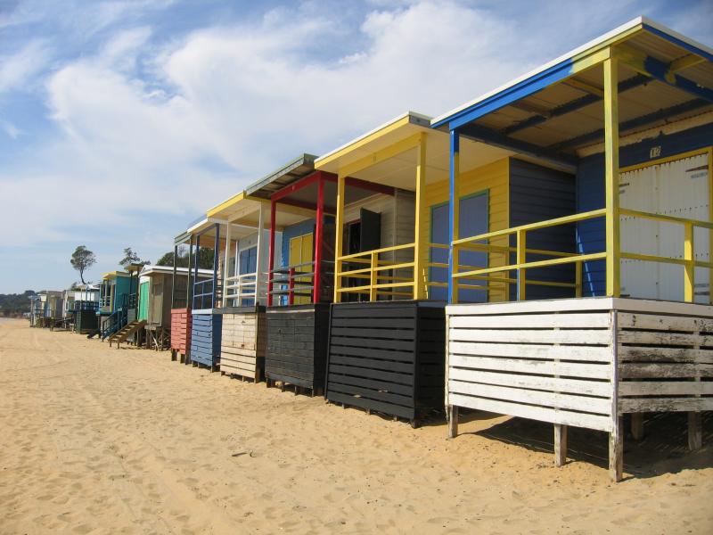 Mount Martha - Mount Martha Beach North: Colourful bathing boxes on beach