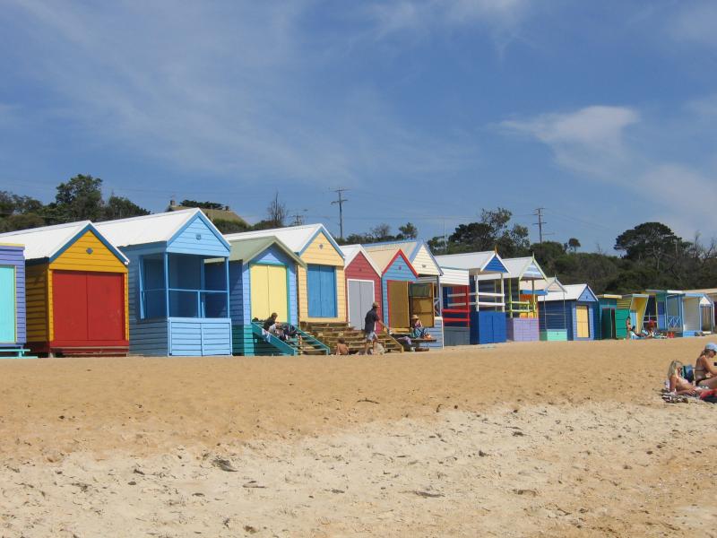 Mount Martha - Mount Martha Beach South, between Lifesaving Club and Bay Road: Bathing boxes along the beach near Bay Rd