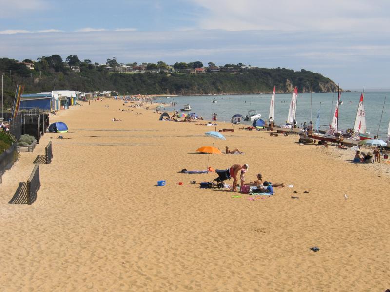 Mount Martha - Mount Martha Beach South, between Lifesaving Club and Bay Road: View south-west along beach from Lifesaving Club