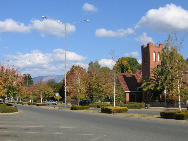 Myrtleford - Shops and commercial centre: Anglican Church, view south-east along Clyde St