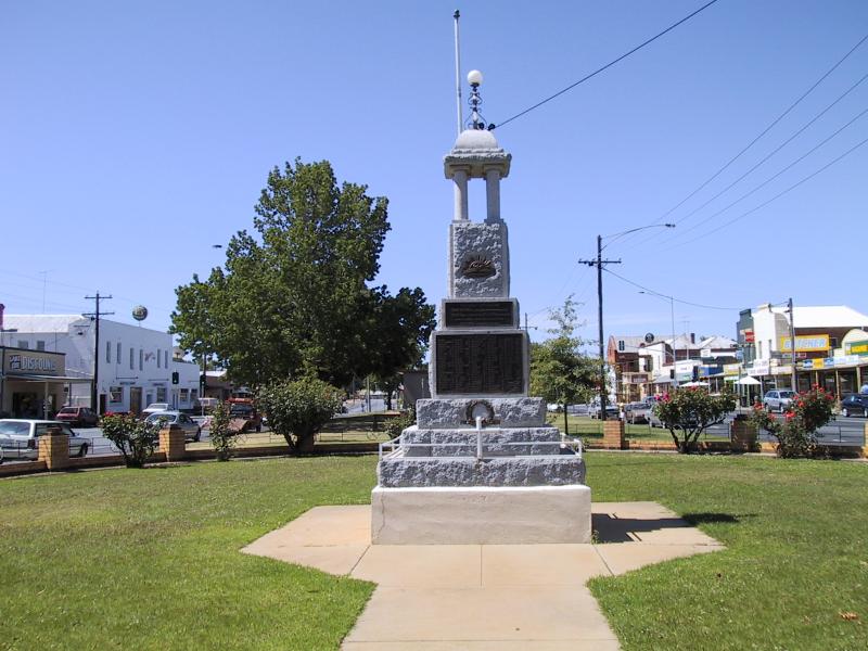 Nagambie - Commercial centre and shops, High Street: War memorial, view north along High St at Marie St
