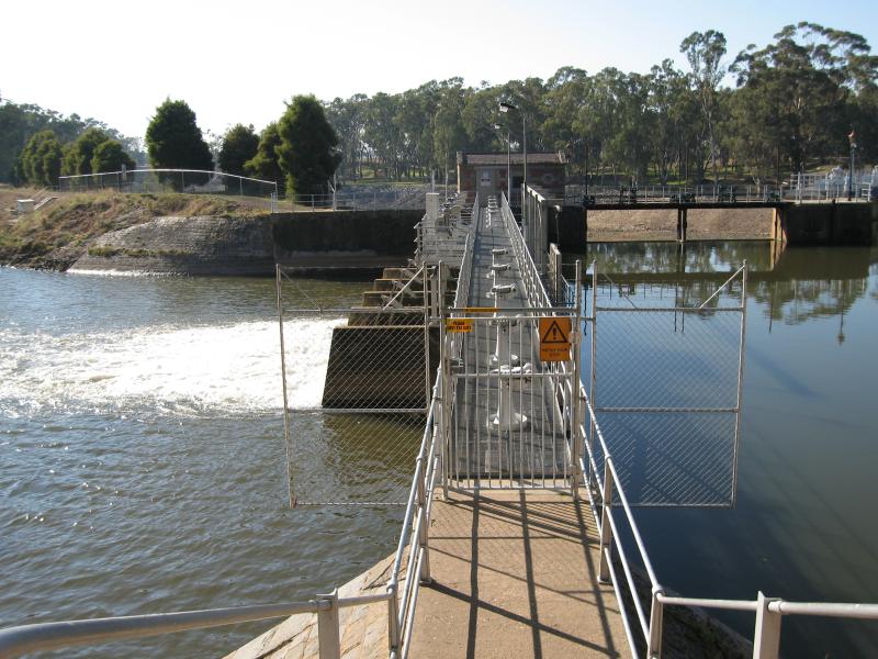 Nagambie - Goulburn Weir and Recreation Area - View east along smaller weir from west bank of lake