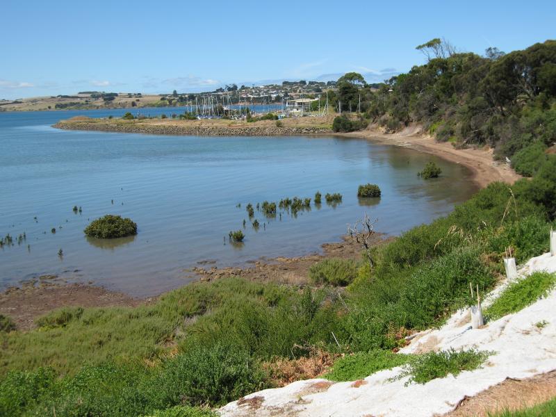 Newhaven - Coastline along Forrest Avenue: View south-east along coast towards marina at Malcliff Rd