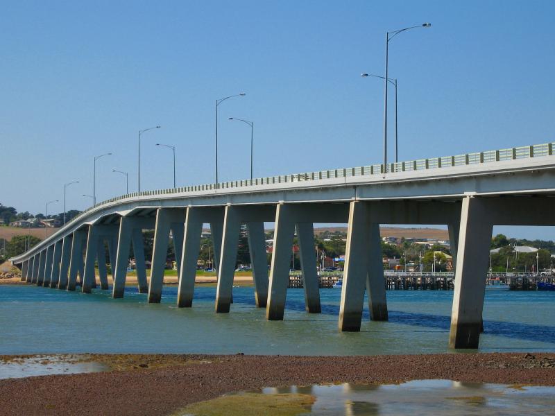 Newhaven - Phillip Island Bridge: View south-east along bridge from coast north of bridge