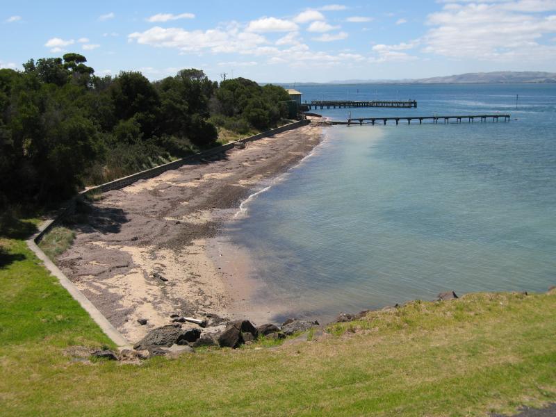 Newhaven - Coast north of Phillip Island Bridge: View north-east along coast towards Newhaven Jetty from Phillip Island Rd