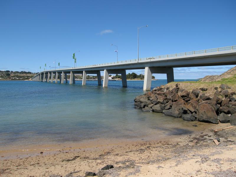 Newhaven - Coast north of Phillip Island Bridge: View south-east along Phillip Island Bridge from beach