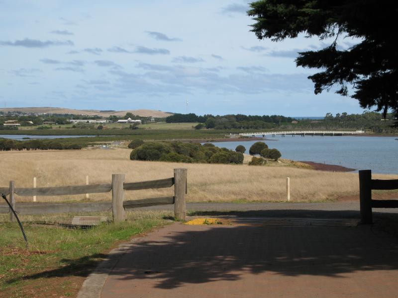 Newhaven - Churchill Island: View south-east towards bridge from main gate at visitor centre car park