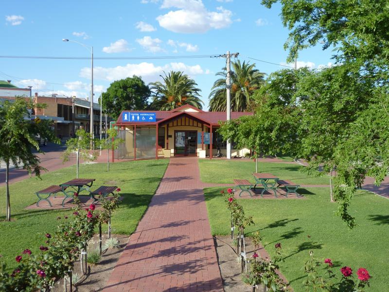 Nhill - Shops and commercial centre, Victoria Street and Nelson Street: View north-east towards visitor information centre from rotunda in centre of Victoria St