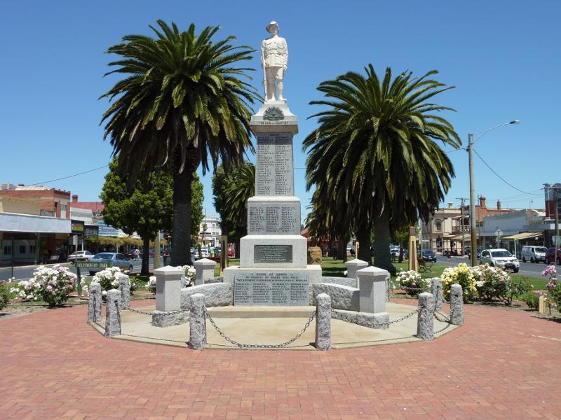 Nhill - Shops and commercial centre, Victoria Street and Nelson Street: View south-west towards war memorial at northern end of Victoria St