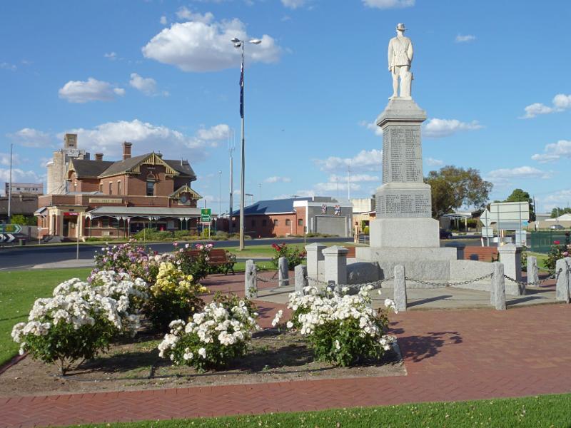 Nhill - Shops and commercial centre, Victoria Street and Nelson Street: View north towards post office from war memorial at northern end of Victoria St