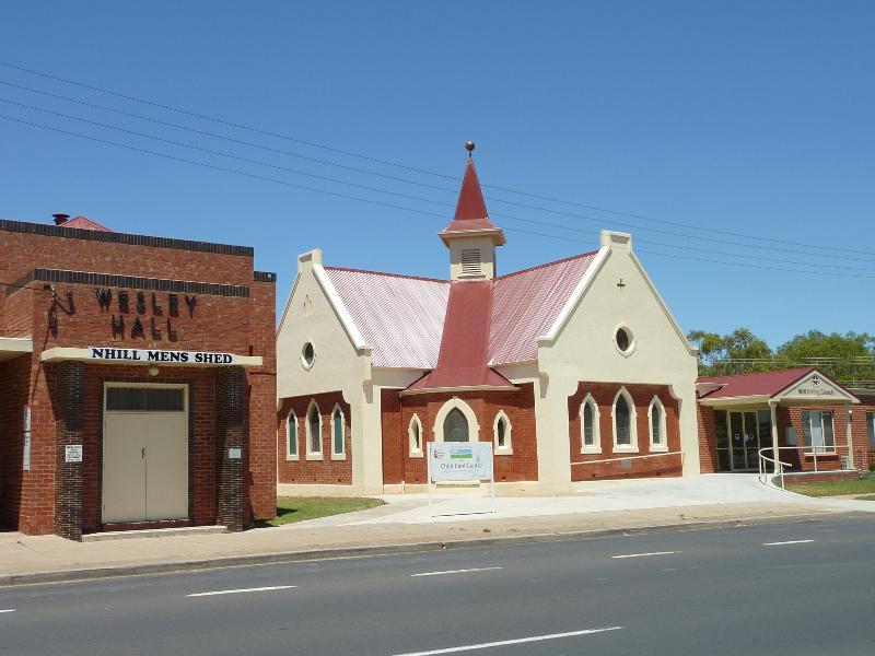 Nhill - Around Nhill: Wesley Hall and Uniting Church, Victoria St north of Pine St