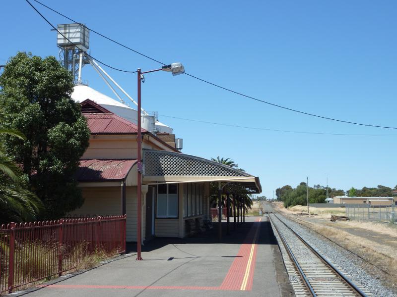 Nhill - Railway station, Whitehead Avenue: View east along railway platform towards station building