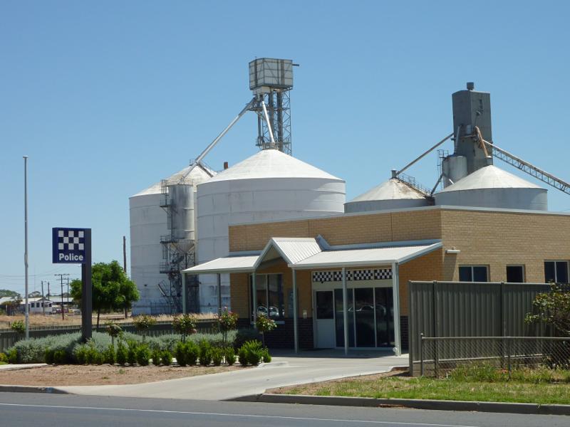 Nhill - Western Highway in Nhill, east of Victoria Street: Police station and silos, north side of Nelson St