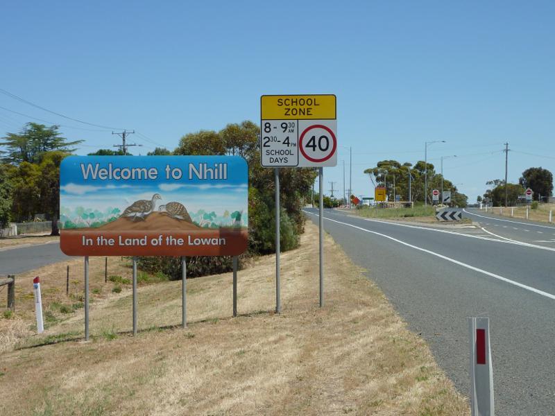 Nhill - Western Highway in Nhill, east of Victoria Street: Welcome to Nhill sign, view west along Dimboola Rd at Glenferness St