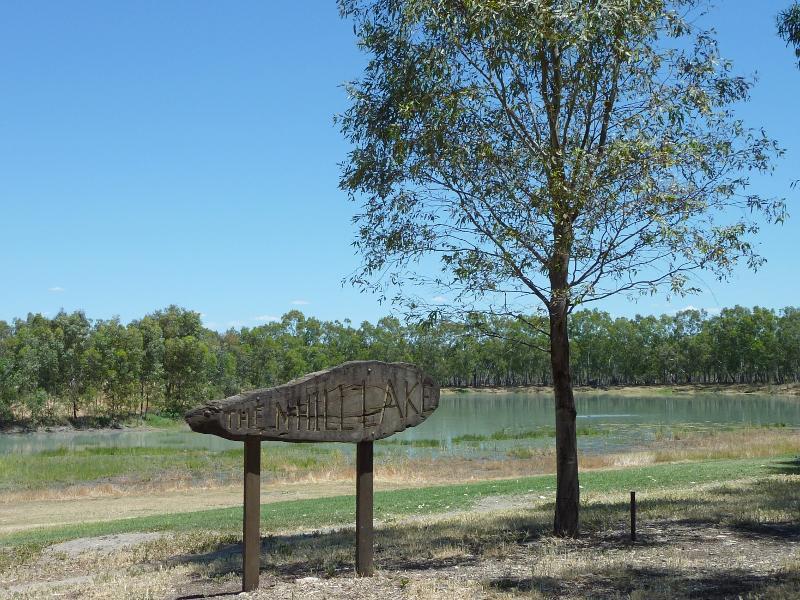 Nhill - Northern side of Lake Nhill at boat ramp off Campbell Street: The Nhill Lake sign at picnic area