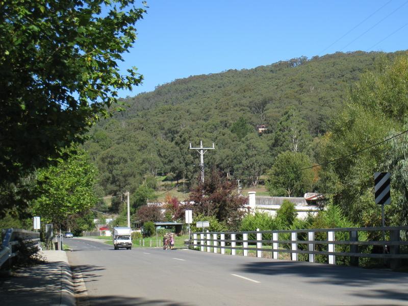 Noojee - Parkland along La Trobe River, east side of Bennett Street: View south along bridge over La Trobe River towards Henty St