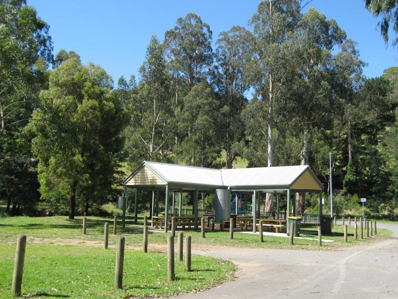 Noojee - Parkland along La Trobe River, east side of Bennett Street: BBQ shelter and picnic grounds off northern end of Bennett St