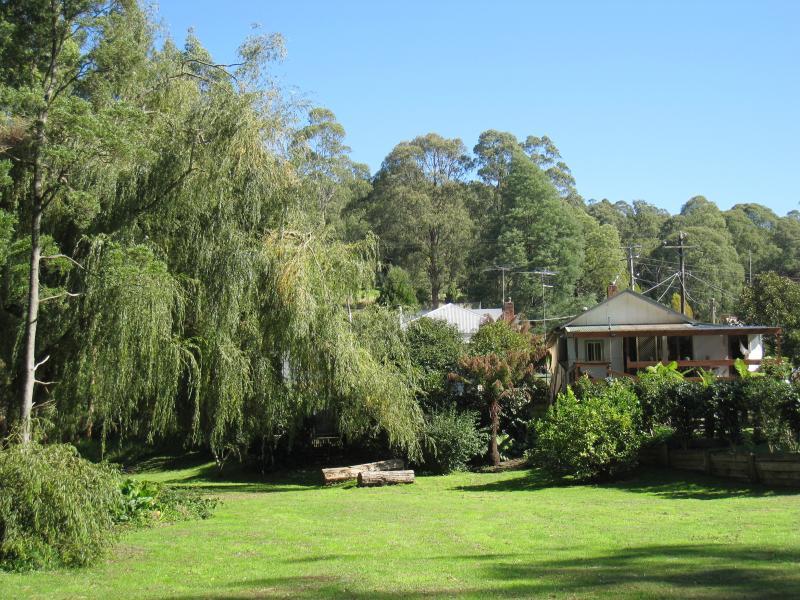 Noojee - Parkland along La Trobe River, east side of Bennett Street: View west through riverfront parkland to rear of buildings on Bennett St