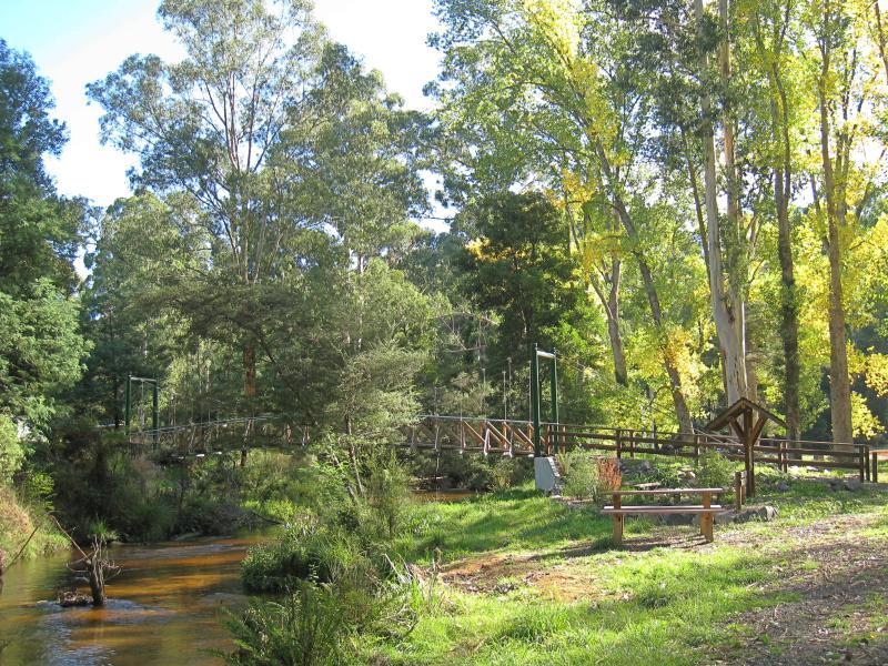 Noojee - Parkland along La Trobe River, McCarthy Spur Road: View west along La Trobe River towards suspension bridge