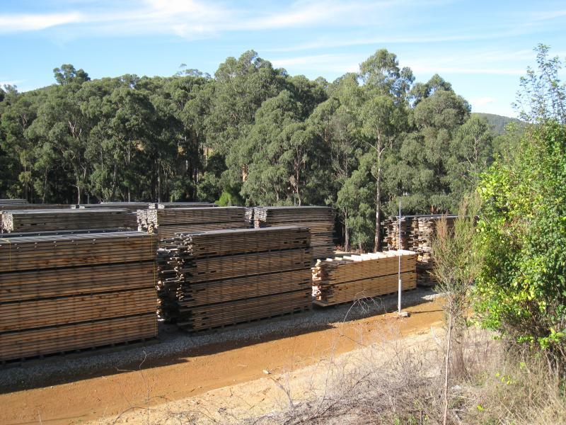 Noojee - Mount Baw Baw Road east of town: Wood stacks at timber mill near old Fumina Rd