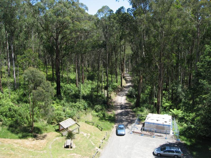 Noojee - Trestle Bridge, Mount Baw Baw Road: View down to car park from top of trestle bridge
