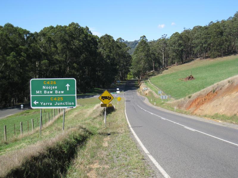Noojee - Mount Baw Baw Road west of town: View east along Main Neerim Rd towards Mt Baw Baw Rd