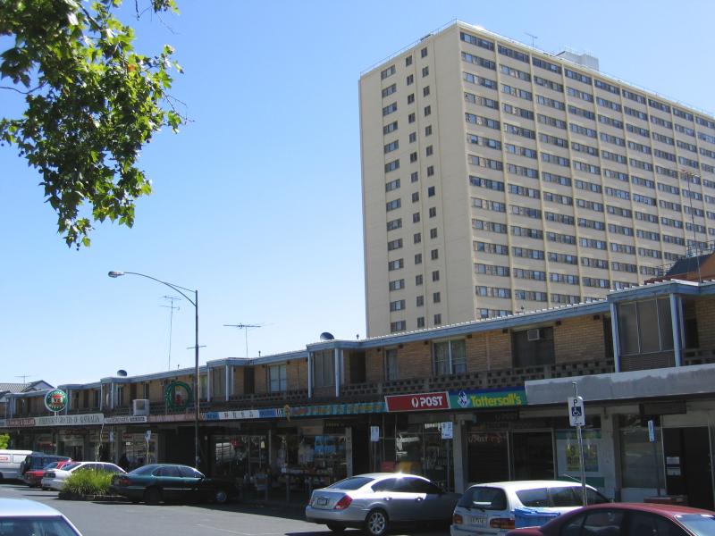 North Melbourne - Melrose Street Village and surroundings: View south along shops on Melrose St