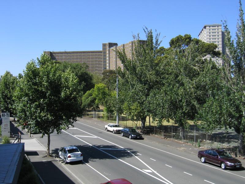 North Melbourne - Boundary Road area: View north along Boundary Rd towards apartment buildings from footbridge at Mark St